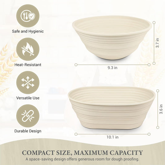 2-Pack Silicone Banneton Proofing Baskets – 10″ Oval & 9″ Round | Foldable Non-Stick Dough Bowls | BPA-Free Sourdough Bread Baking Supplies (Beige)