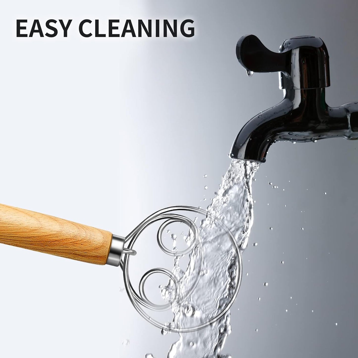 Danish Dough Whisk for Sourdough Baking, Stainless Steel, Dutch Style Bread Dough, Hand Mixer Wooden Handle, Kitchen Baking Tools, Artisan Blender