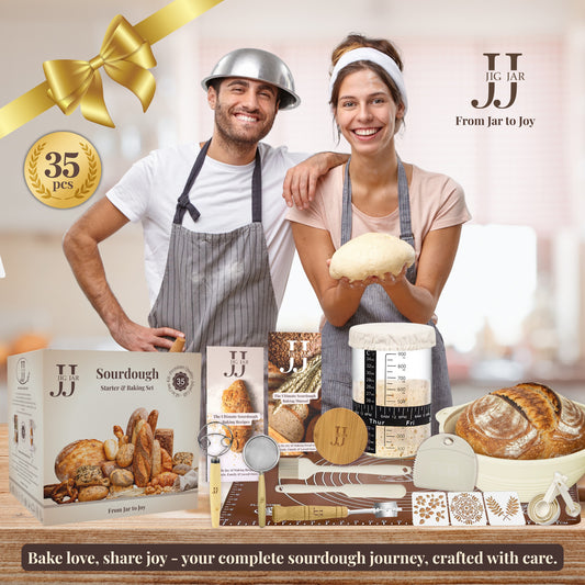 JIG JAR Sourdough Starter & Bread Baking Set - White Edition | 35 Piece Complete Artisan Kit for Joyful Baking