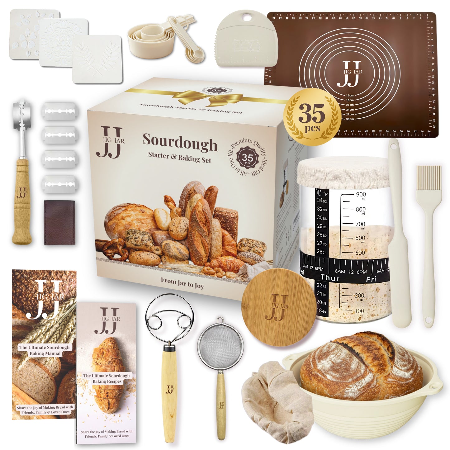 JIG JAR Sourdough Starter & Bread Baking Set - White Edition | 35 Piece Complete Artisan Kit for Joyful Baking