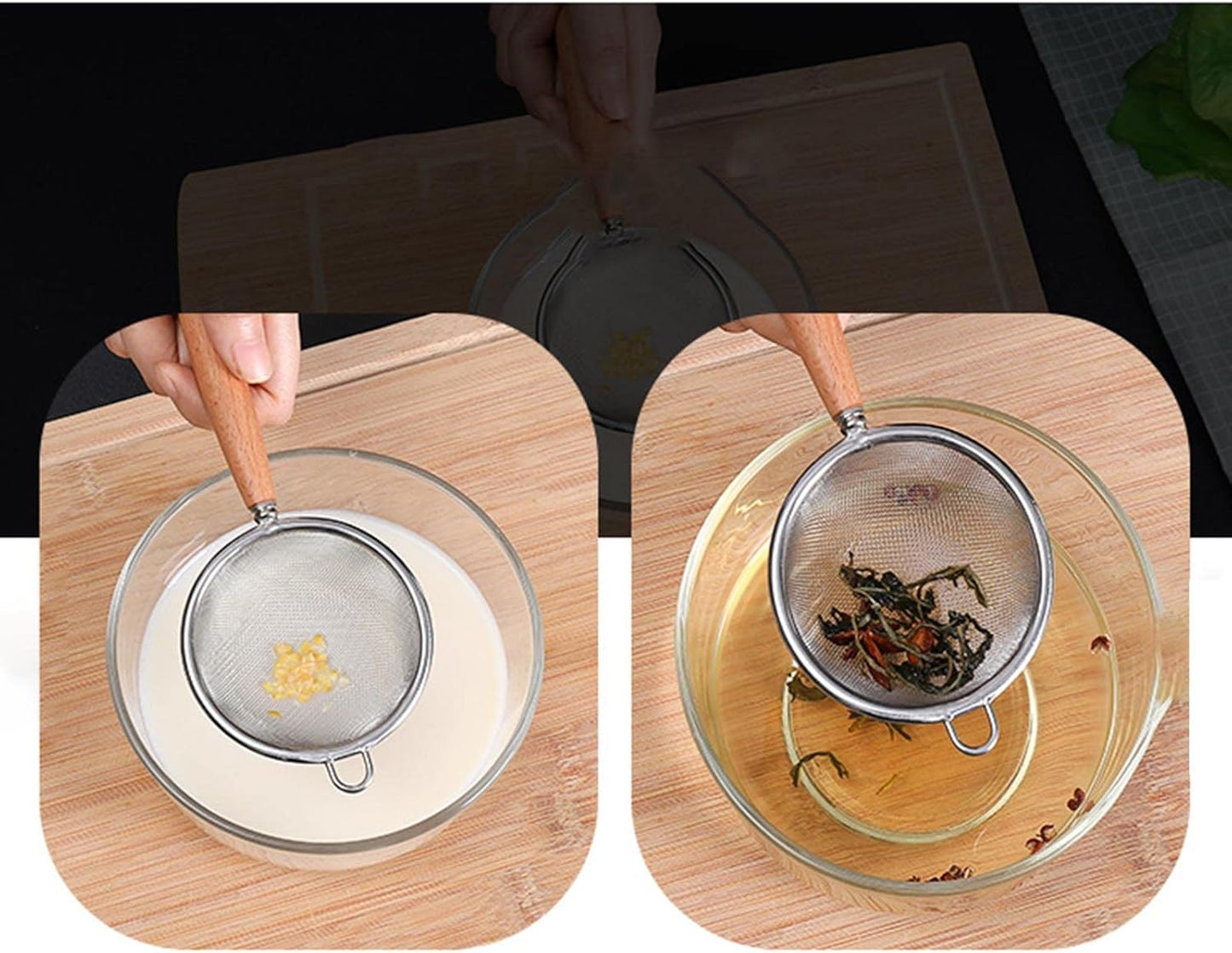 Stainless Steel Fine Mesh Strainer with Wooden Handle – Multi-Purpose Baking Tool for Flour & Food Sieve