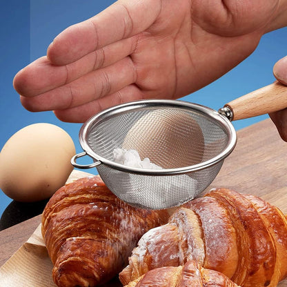 Stainless Steel Fine Mesh Strainer with Wooden Handle – Multi-Purpose Baking Tool for Flour & Food Sieve