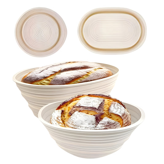 2-Pack Silicone Banneton Proofing Baskets – 10″ Oval & 9″ Round | Foldable Non-Stick Dough Bowls | BPA-Free Sourdough Bread Baking Supplies (Beige)