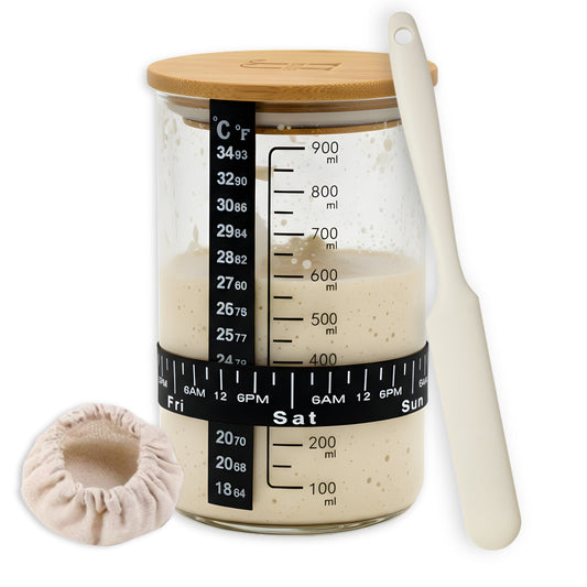 Sourdough Starter Jar Kit 900ml - Glass Jar with Bamboo Lid, Feeding Tracker & Spatula