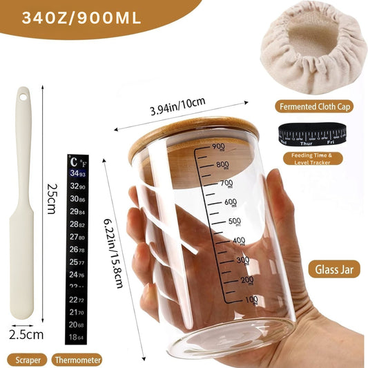 Sourdough Starter Jar Kit 900ml - Glass Jar with Bamboo Lid, Feeding Tracker & Spatula